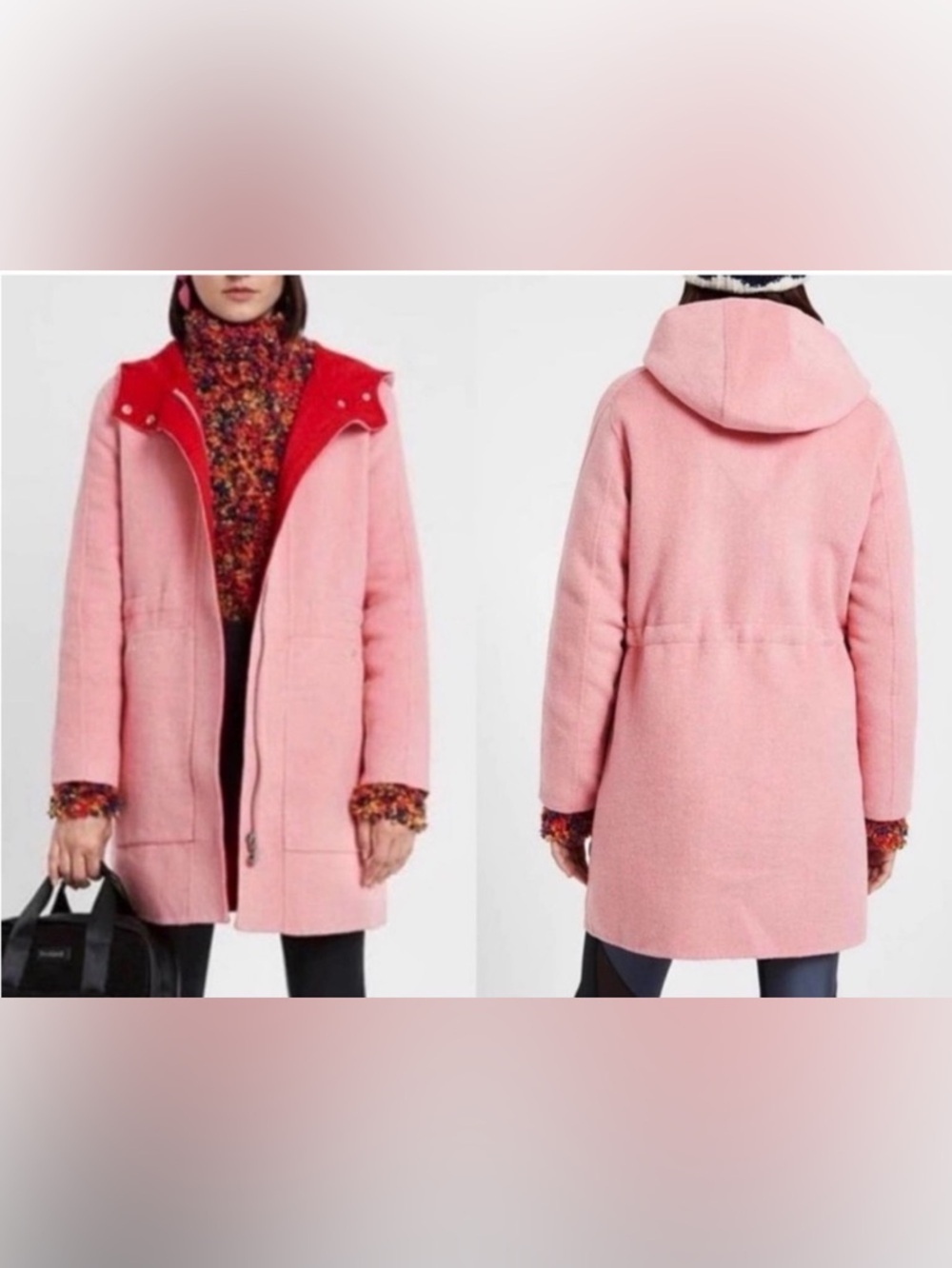 Desigual Pink Hooded Zip-Up Wool Coat with Red Lining